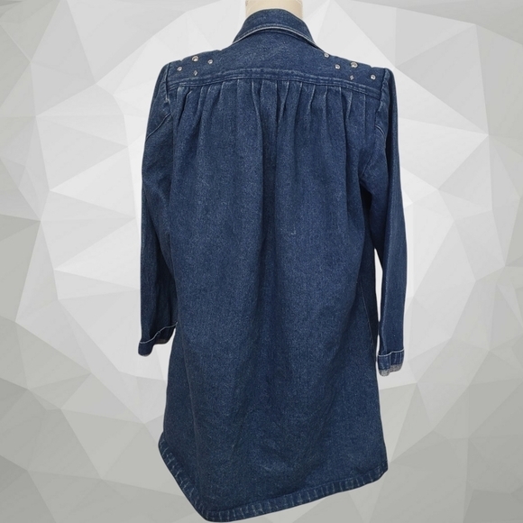 VINTAGE 80s Studded Denim Duster Jacket M Padded Shoulders Oversized EUC - Picture 2 of 11
